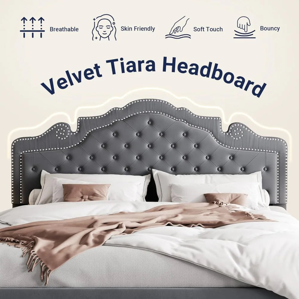 Adjustable Velvet Tiara Headboard King Size Bed Frame with Upholstered Diamond Button Tufted Platform and Wood Slats Support
