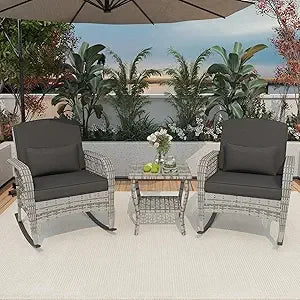 3-Piece Patio Furniture Set,Outdoor Rocking Chairs Set of 2, Patio Conversation Set with 2 Wicker Chairs with Rattan Coffee Tabl