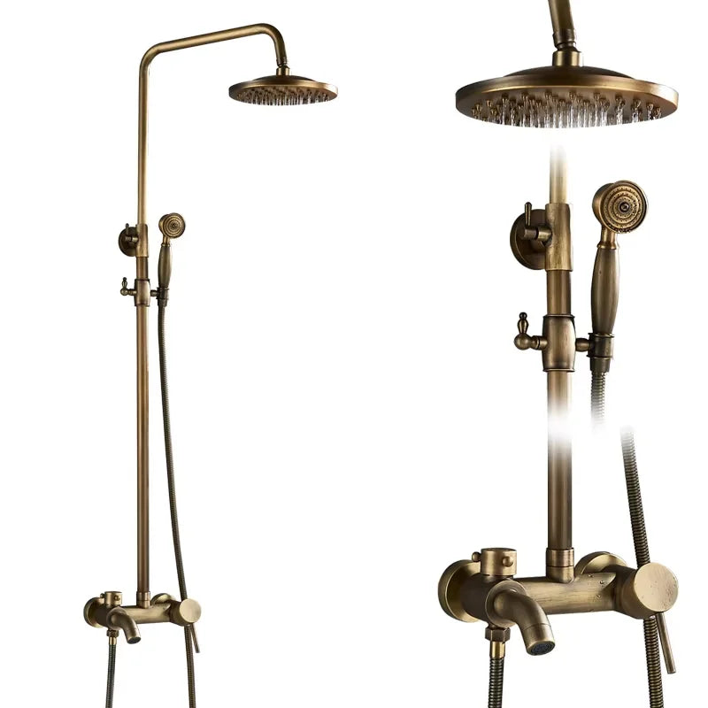 Antique Brass Bathroom Shower Faucet Sets Rainfall Head Wall Mounted Mixer Tap Hot and Cold Taps