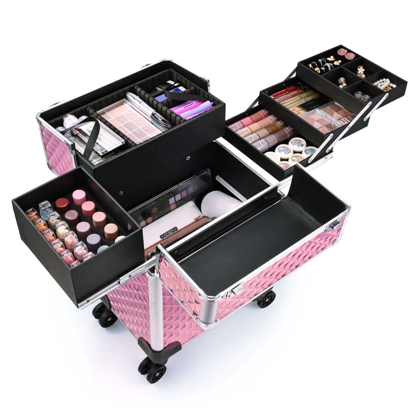 Rolling Makeup Train Case Large Storage Cosmetic Trolley 4 Tray with Sliding Rail Removable with Key Wheels Traveling Cart Trunk