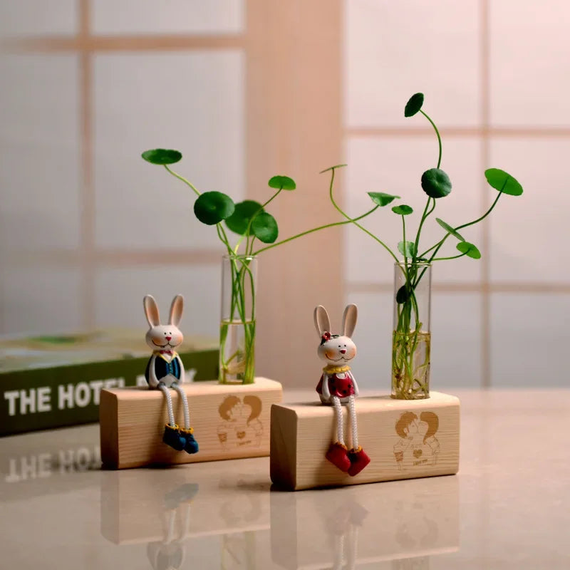 Creative Wooden Frame Hydroponic Flower Small Vase Plant Glass Bottle Container for Home Living Room Office Decoration