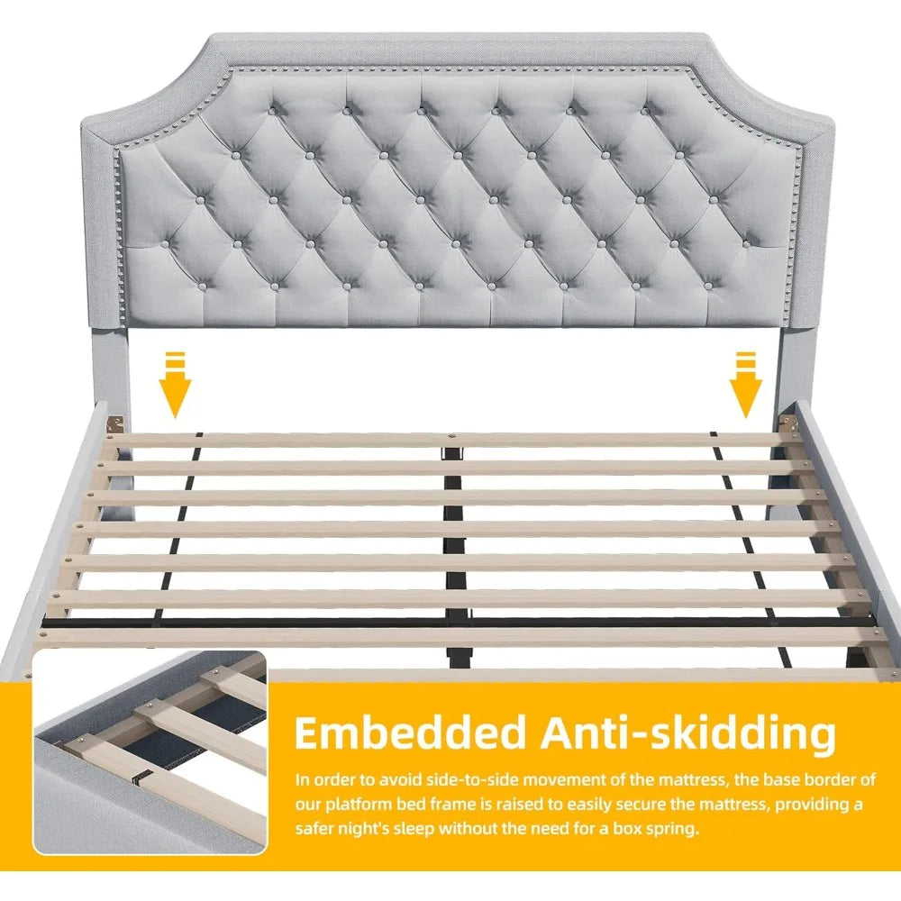 Grey Linen Upholstered Full Size Bed Frame with Adjustable Headboard and 12 Underbed Storage