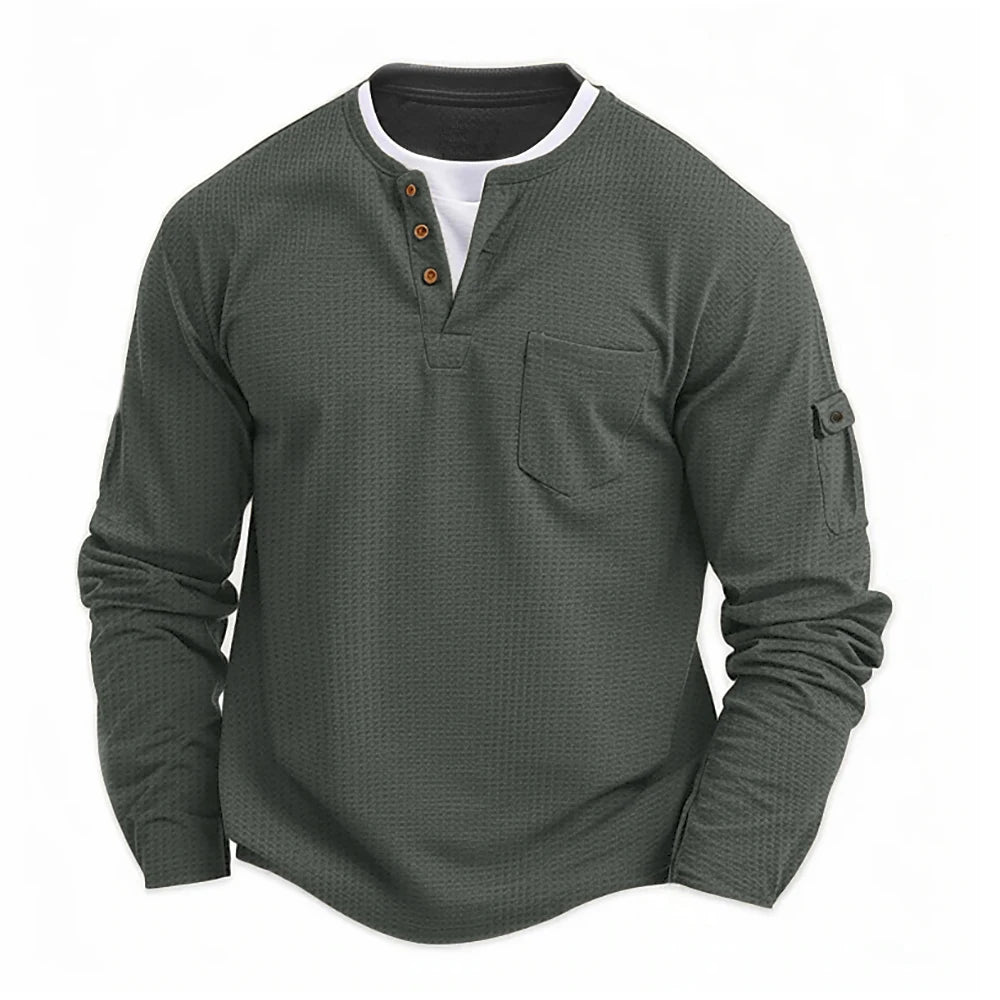 Men fake two-piece shirt comfortable solid color long sleeved breathable top V-neck casual shirt Hawaiian shirt lightweight shir