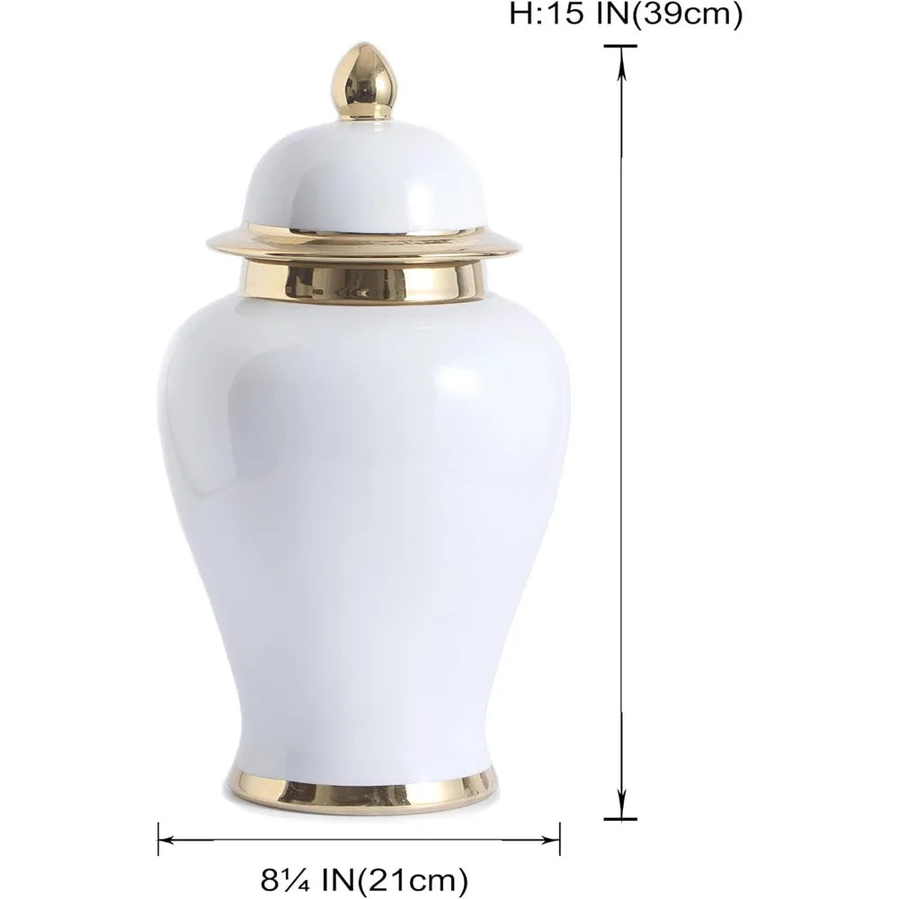 15-Inch Decorative Ginger Jar Vase with Gold Trim, Ideal for Centerpiece Table Decorations, Living Room, and Shelves