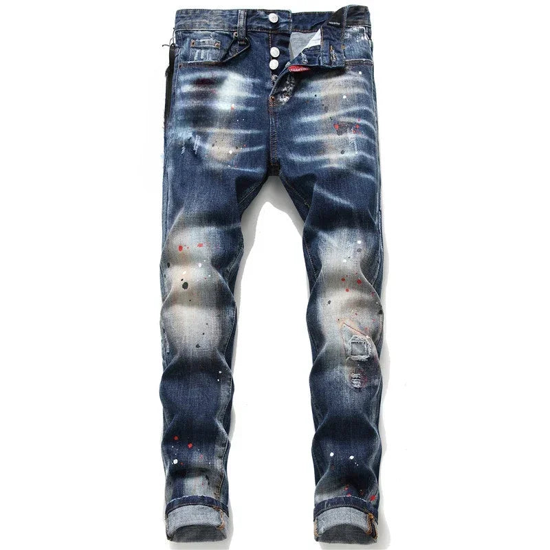 Streetwear Style Italian Men Blue Holes Denim Jeans Trousers Ripped Denim Long Pants High Quality Male Slim Denim Jeans Size 42