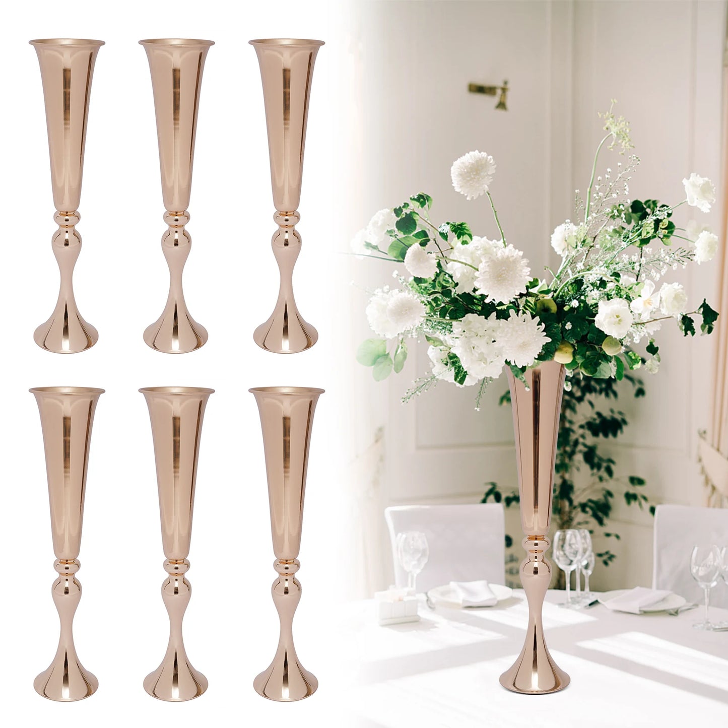 6Pcs Metal Trumpet Vases Desktop Metal Trumpet Centerpieces Vase Welcome Area Road Guide Flower Holder Height Wedding Props