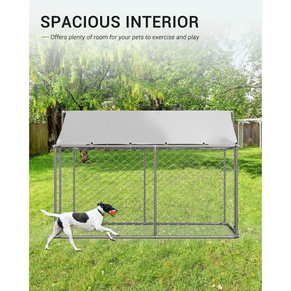 Large Outdoor Dog Kennel, Heavy Duty Galvanized Steel Dog Enclosure with Waterproof UV-Resistant Cover, Lockable Door Chain Link