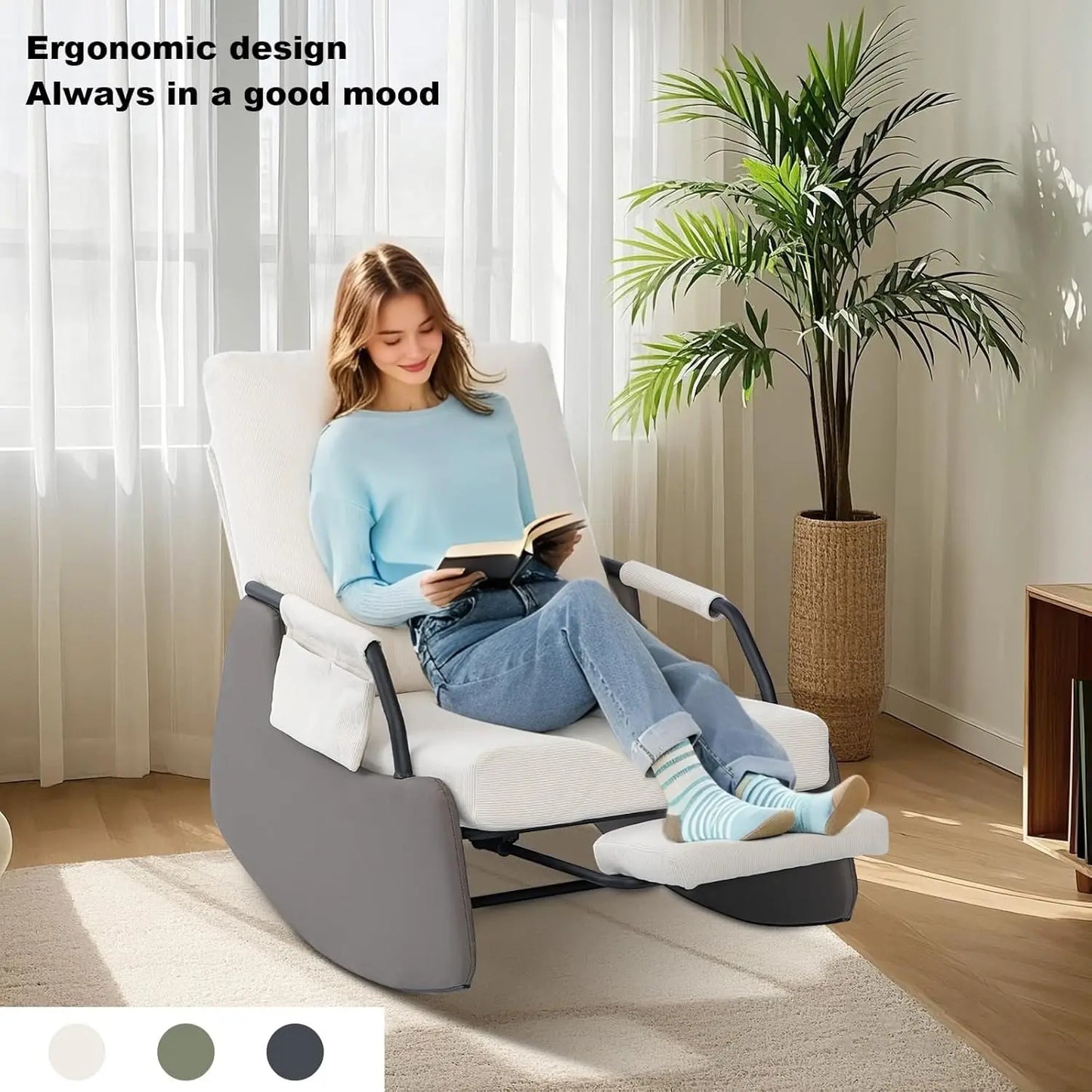 Rocking Recliner Chair Modern Sofa Chairs Upholstered Plush Seating Glider Recliner Chair with Side Pocket 3 Levels Adjustment