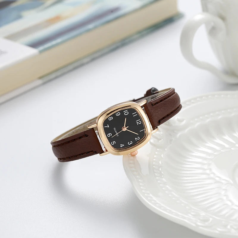 Women's Watch Fashion Square Small Arabic Quartz Watches Leather Band Wristwatches
