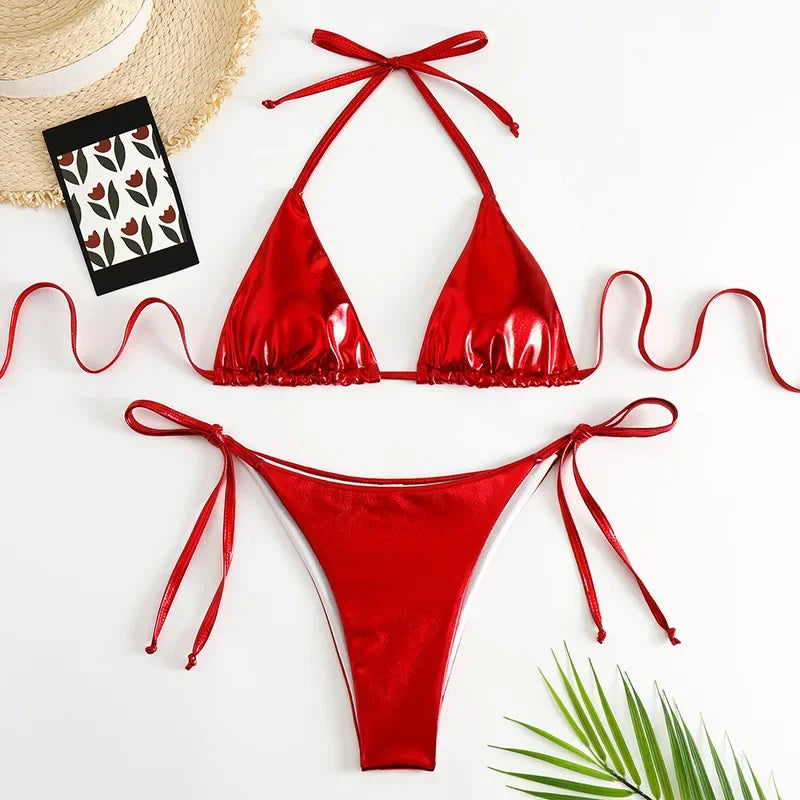 Fish Scales Shiny Halter Triangle Bikinis Sets Swimwear Women Micro Thong Swimsuits Swimming Suit Biquinis Bikinis de Mujer 2025