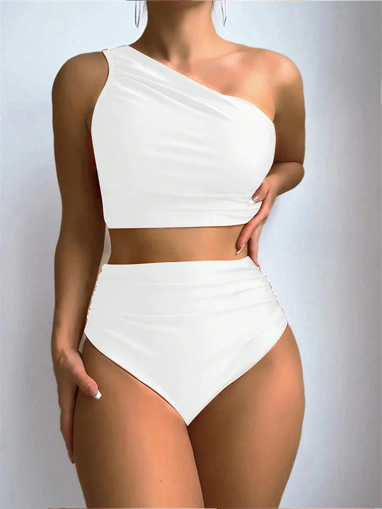Sexy Fashion One Shoulder Bikinis 2 Piece Set Women Split Swimsuit High Waist Beach Bikinis 2025 New Summer Swimwear Bikinis Set