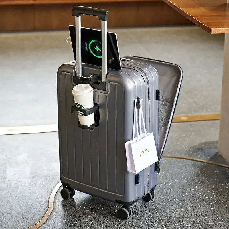 20inch Multi Functional Front Opening Luggage Compartment Charging Port Trolley Box Travel Box Aluminum Frame Mount Case