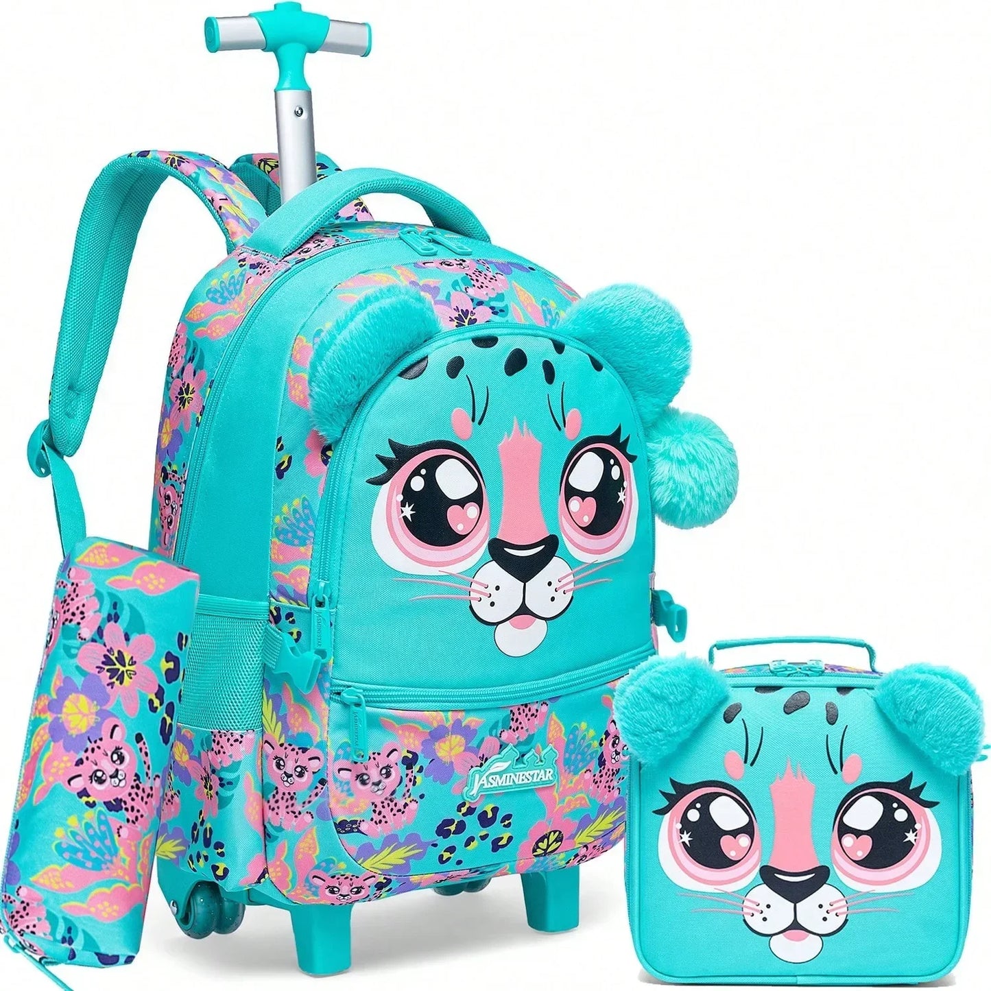 Kids Rolling Backpack with Wheels Durable School Travel Luggage for Girl Lightweight Carry-On Trolley Bag with Adjustable Handle