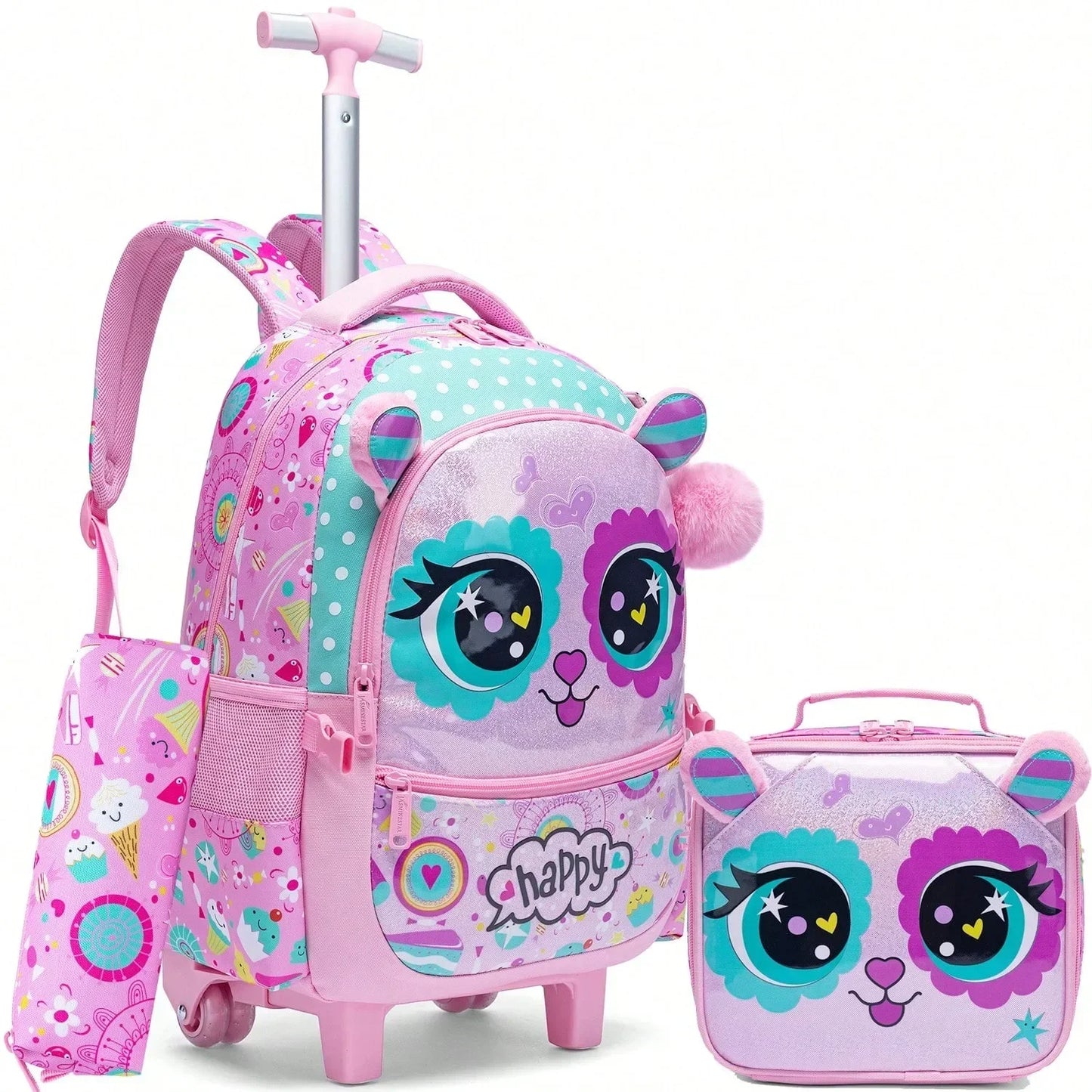 Kids Rolling Backpack with Wheels Durable School Travel Luggage for Girl Lightweight Carry-On Trolley Bag with Adjustable Handle
