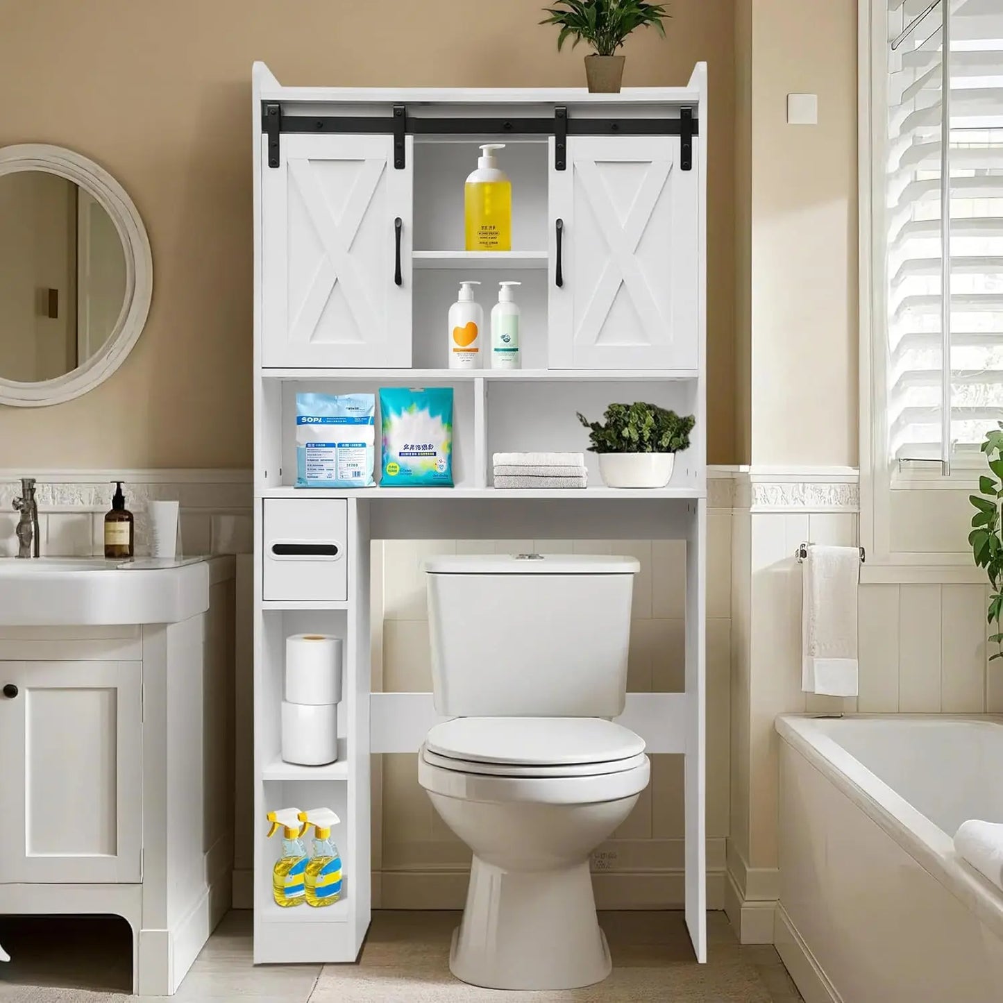 Over The Toilet Storage Cabinet Iron Sliding Door Toilet Storage Rack Home Space Save Toilet Rack for Restroom Bathroom Laundry