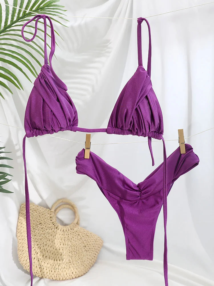 2025 Bikinis Summer Swimwear For Women Biquini Folds Bikini Set Bathing Suit Low Waist Swimsuit String Bikinis Beach Wear