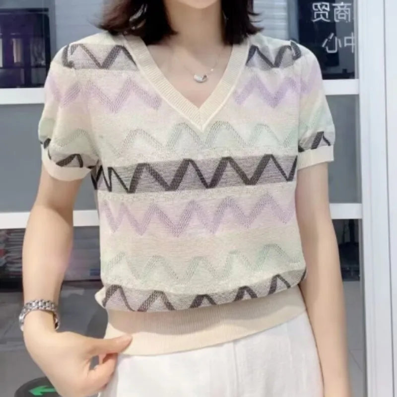 Women Clothing 2025 New Summer Fashion V Neck Short Sleeve Striped Basic Knitted T Shirt Ladies Elegant Chic Loose Pullover Tops