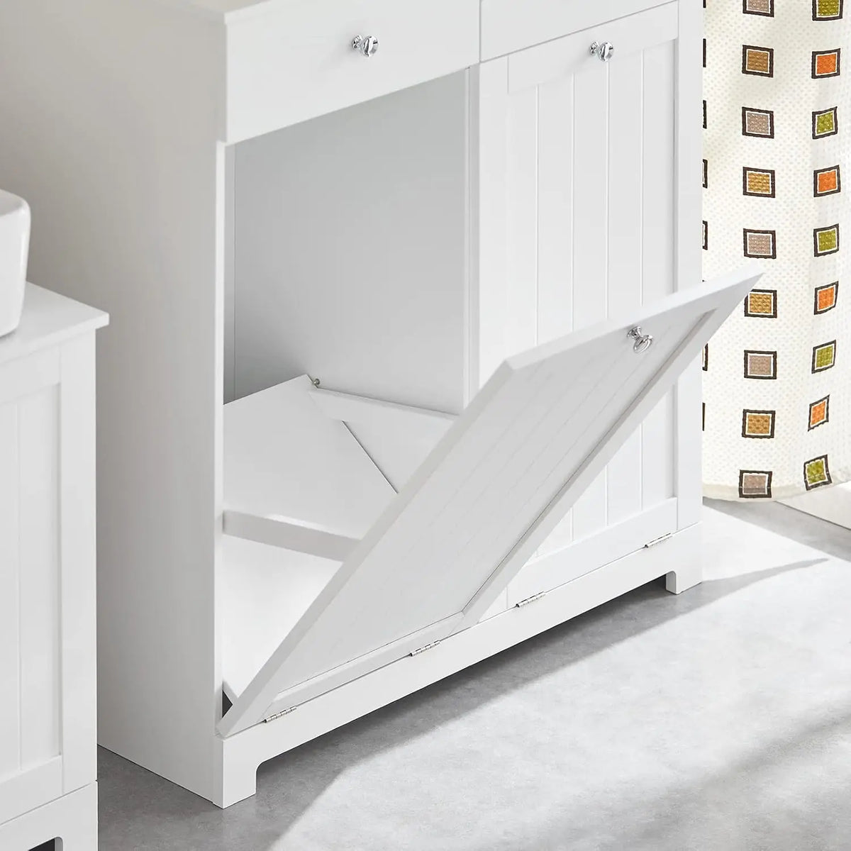 Tilt-Out Bathroom Laundry Cabinet Hidden Hamper Organizer with Double Baskets and Drawers Storing Unit Storage Chest Cupboard