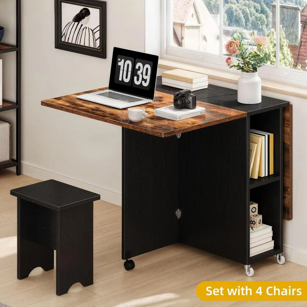 "5-piece drop leaf extendable dining table set with 4 chairs for 4 people, 55-inch wooden kitchen dining room furniture"