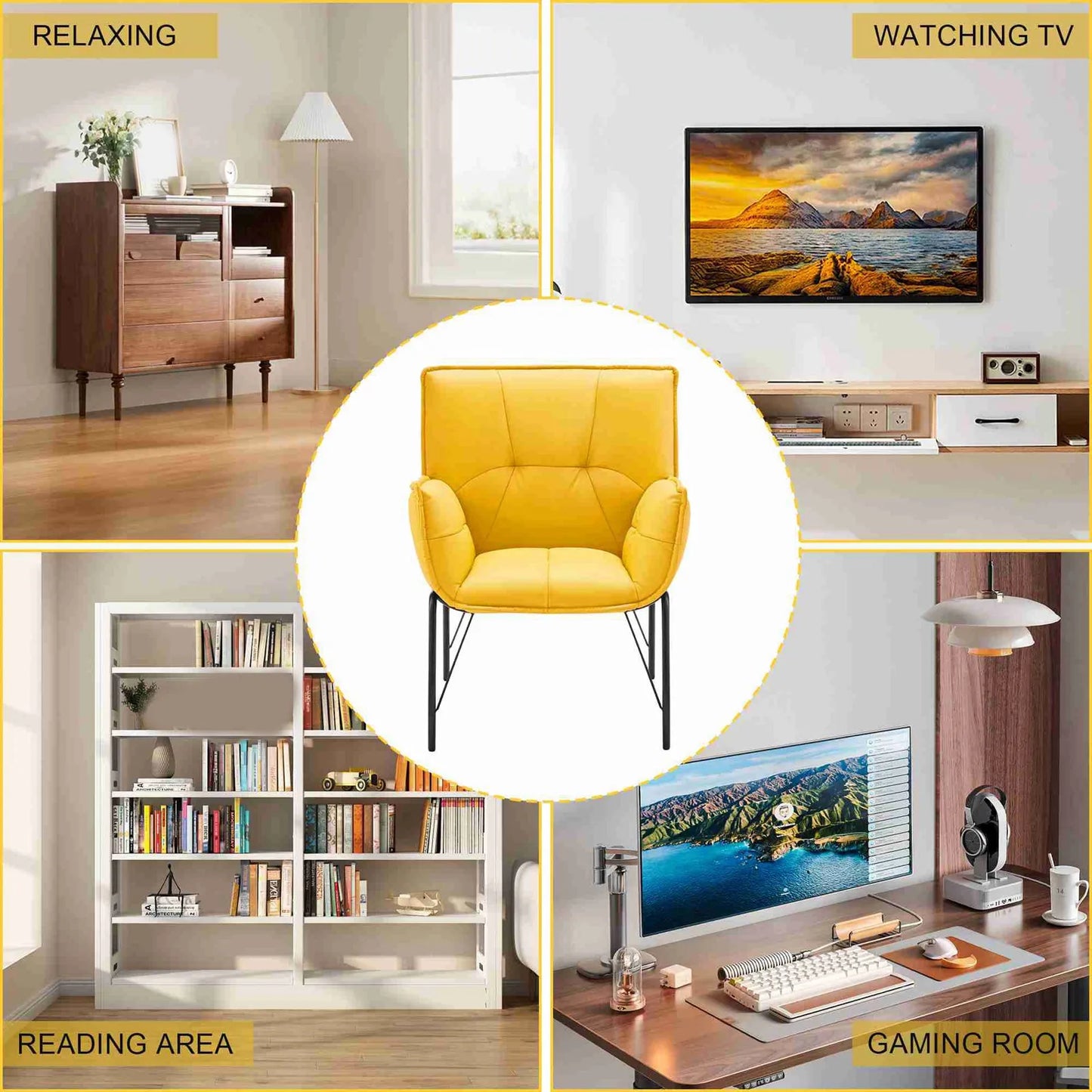 Chair Body Hugging Chair Metal Legs Faux Sponge Filling Modern Chair For Reading Room Relaxing Room Yellow Lounge Accent Chair