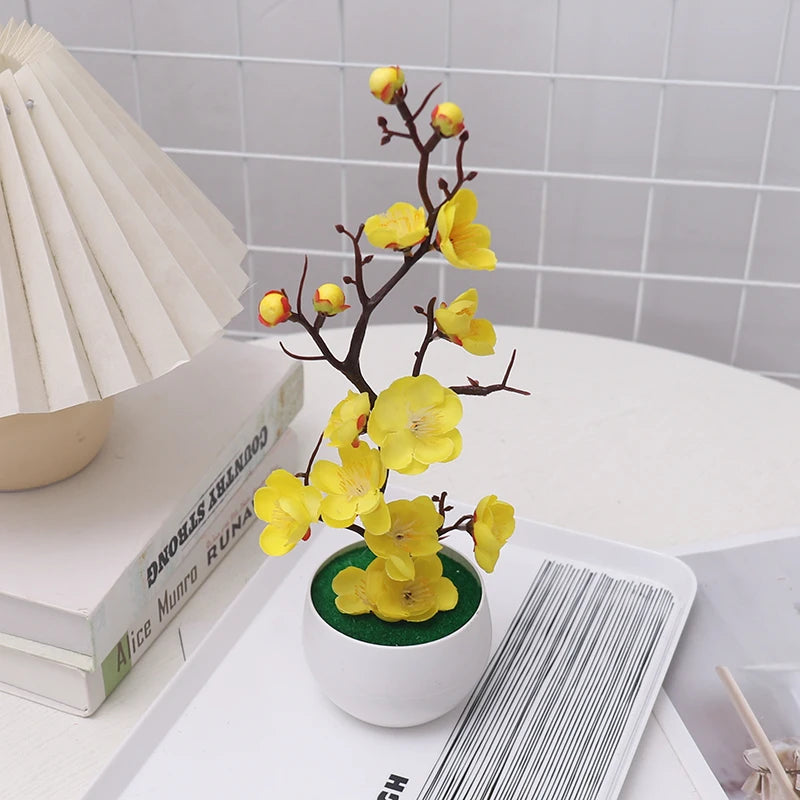Simulation Plum Flower Pot Plant Artificial Plastic Fake Flowers Home Office Desktop Ornaments Wedding Party Background Decor