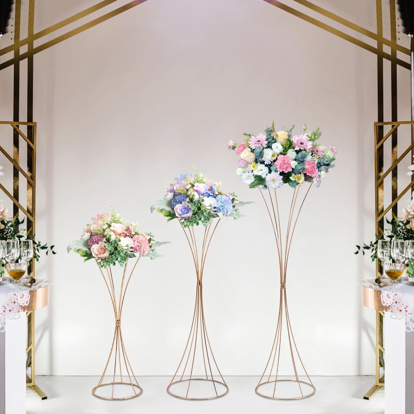 3Pcs Gold Metal Flower Stands for Weddings-19.7" to 31.1" Tall edding Centerpieces for Tables,Hourglass Centerpiece Trumpet Vase