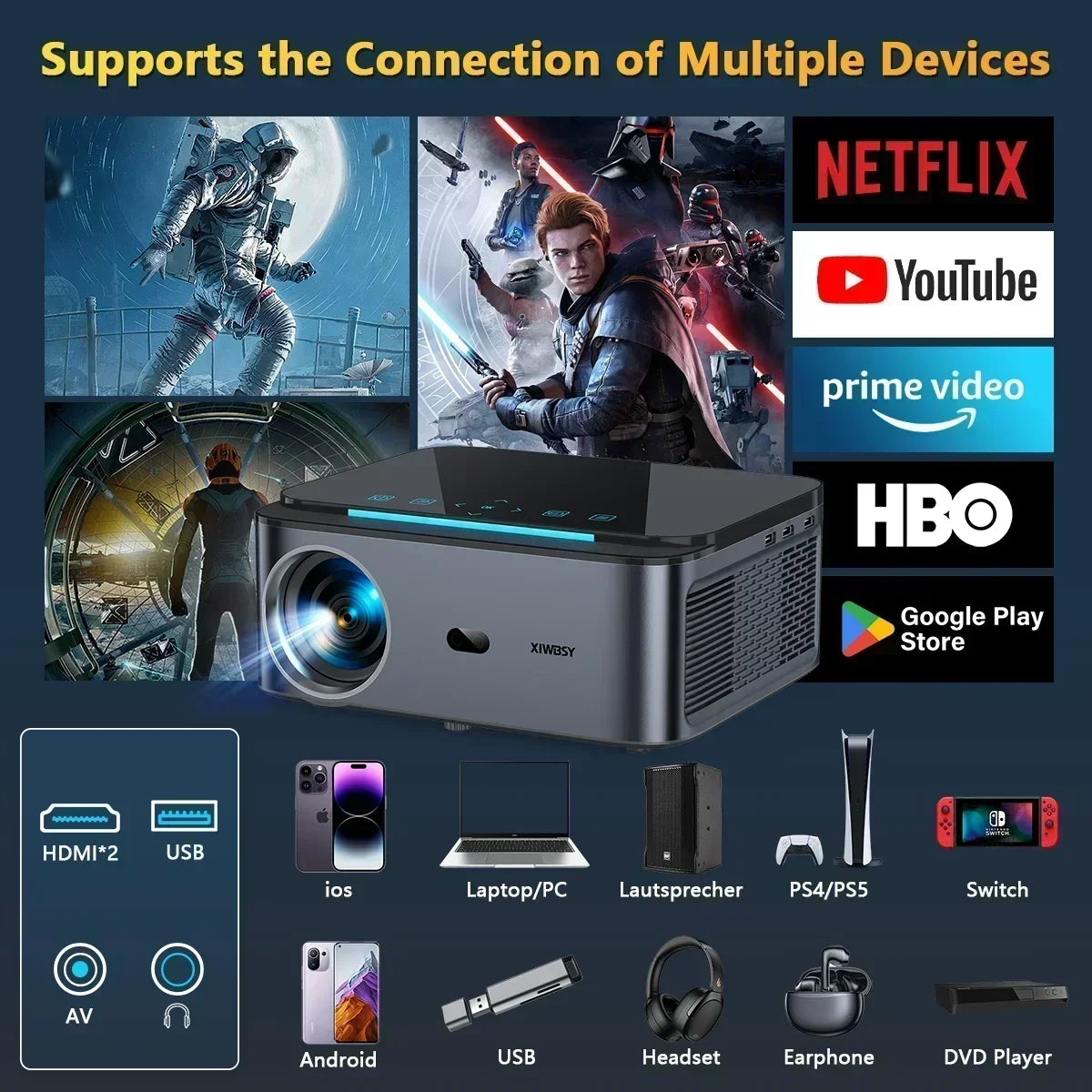XIWBSY 2025 T07 Projector 30000Lumens Android Projector 8K Decode AutoFocus Projector LED Projector 1080P Home Theater Beamer