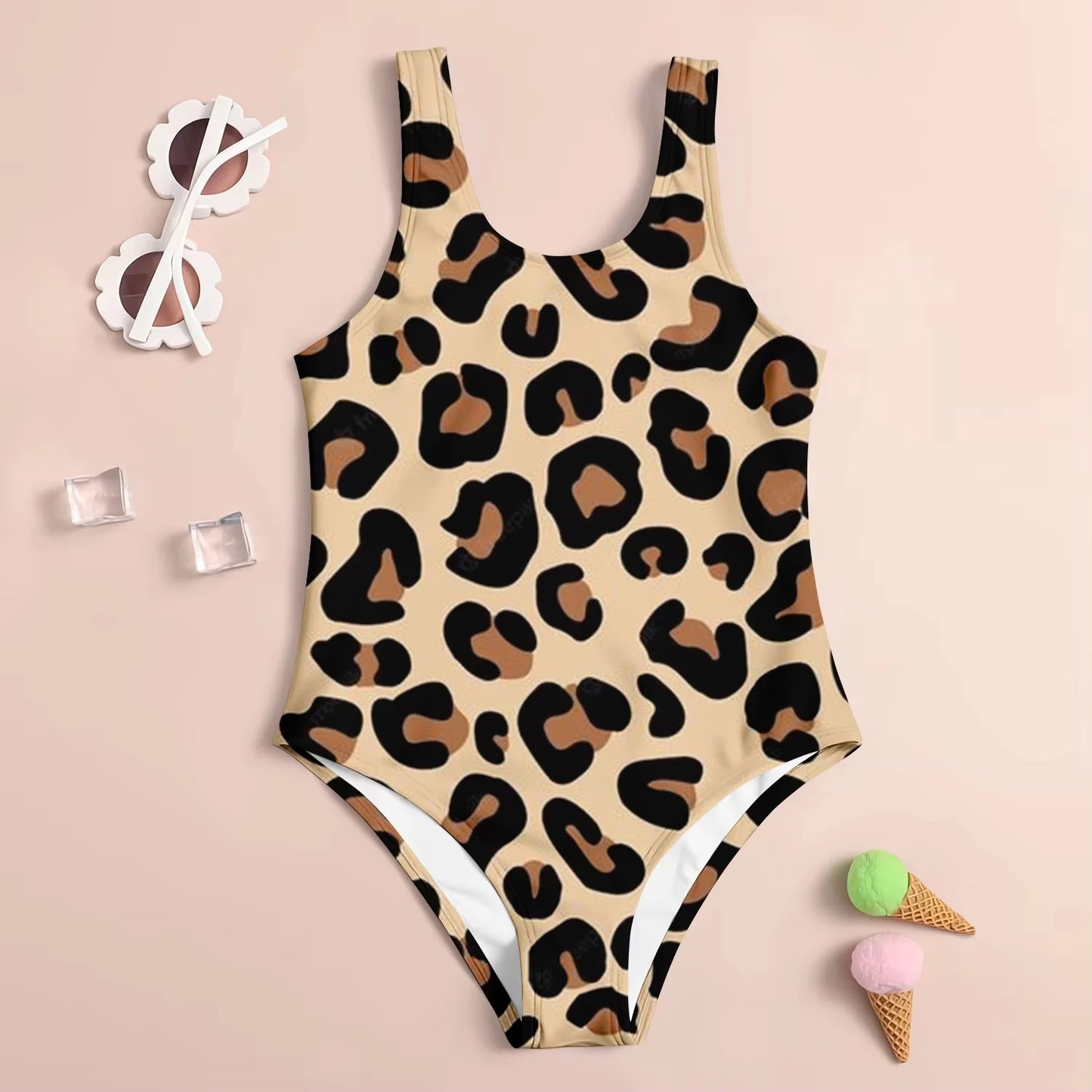 2025 Girls Summer One-Piece Swimwear Fashion Baby Cartoon Cute Leopard Print 3D Printed Women Swimwear Sling Sleeveless Swimwear