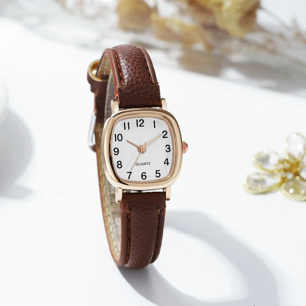 Women's Watch Fashion Square Small Arabic Quartz Watches Leather Band Wristwatches