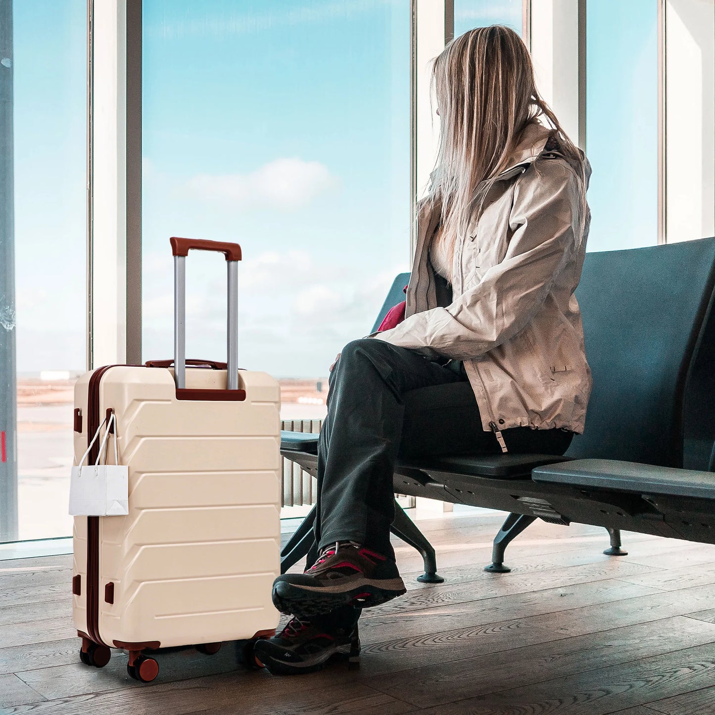 3 in 1 ABS&PC Trolley Box 20in 24in 28in Trolley Box Iron Tie Rod ABSPC Alloy Beige luggage travel bag suitcase set