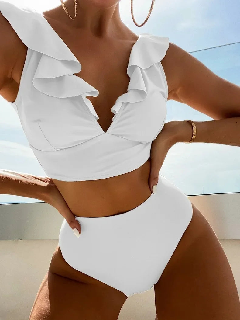 2025 Women's Sexy High Waist Swimsuit Ruffle Bikinis Push Up Bikinis Set Summer Beach Wear Bathing Suit Female Solid Swimwear