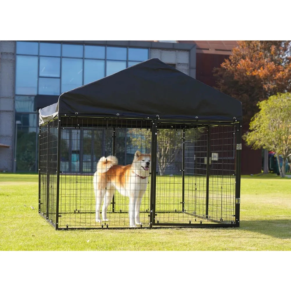 Sturdy Outdoor Dog Enclosure with Roof and Double Locks - Galvanized Steel Kennel Fence (79W x 79D)