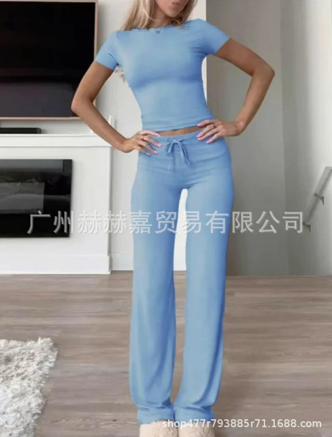 Spring Women's Two-piece Set 2025 New Casual Suit Short Sleeved Slim Fit Top Long Pants Home Wear Sportswear Yoga Wear For Women