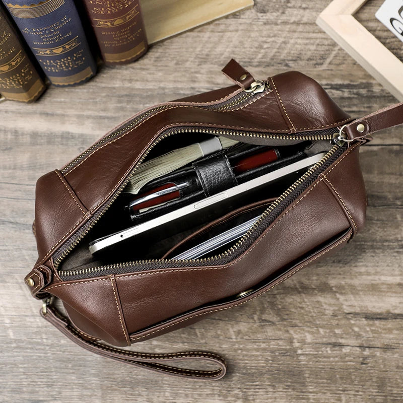 CONTACT'S Genuine Leather Clutch Bags for Men Vintage Men's Bag Handbag Wrist Strap Clutch Wallets Male Wash Bags Phone Pocket
