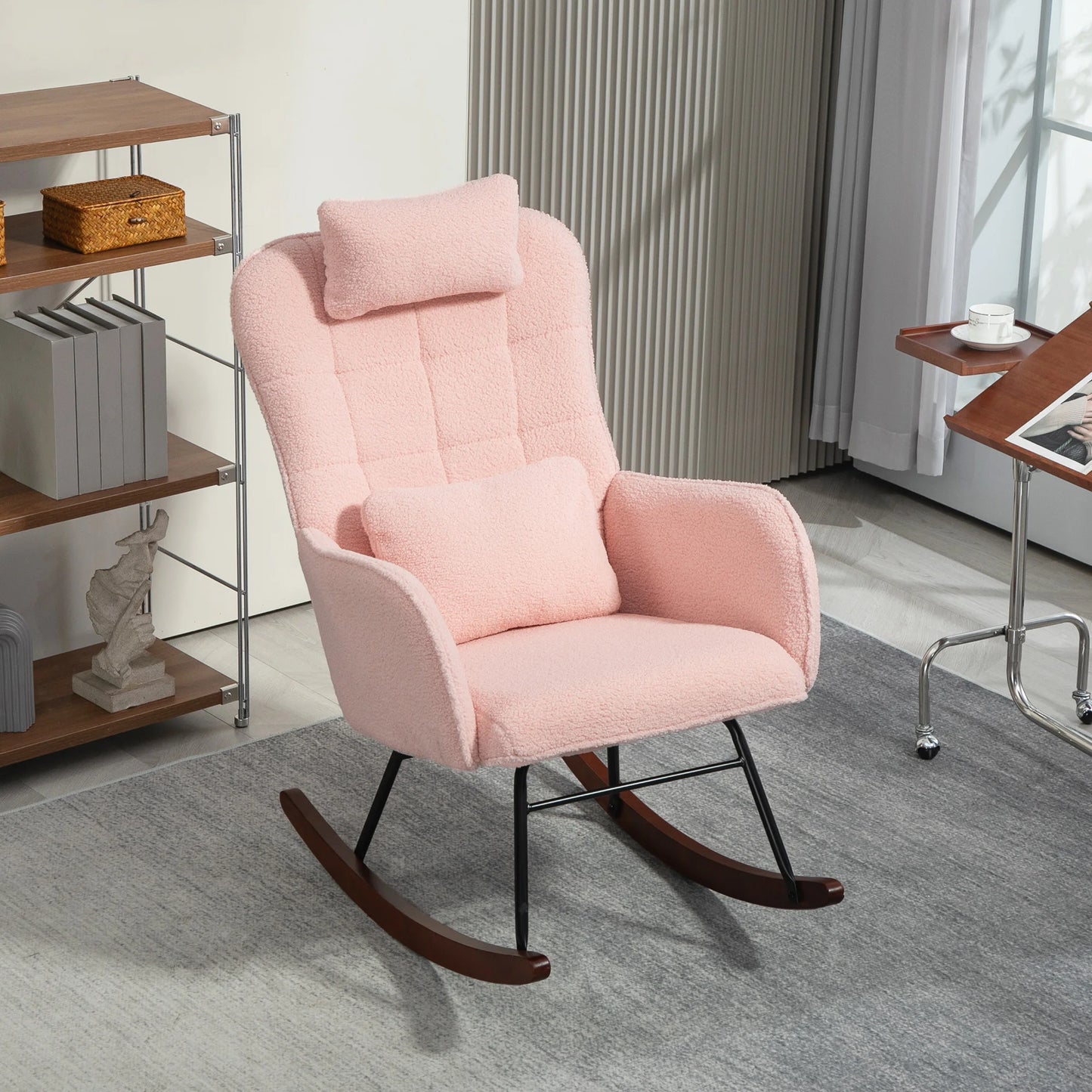 Homcom Boucle Rocking Chair with Headrest and Lumber Pillow Pink