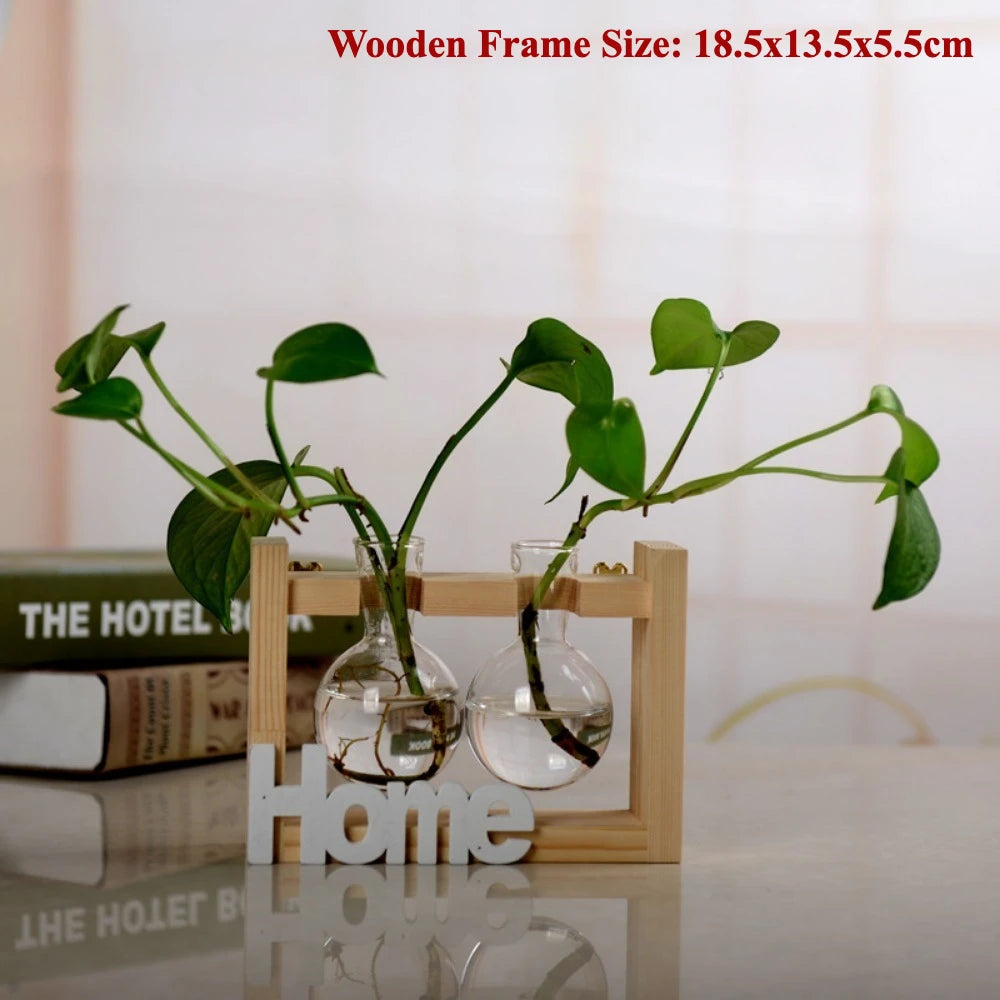 Creative Wooden Frame Hydroponic Flower Small Vase Plant Glass Bottle Container for Home Living Room Office Decoration
