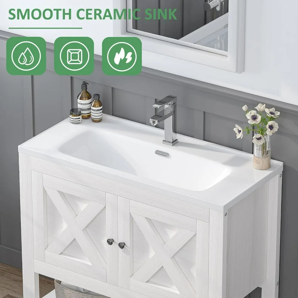 "35" modern farmhouse vanity with sink, freestanding cabinet, 2 doors & open shelf for bathroom