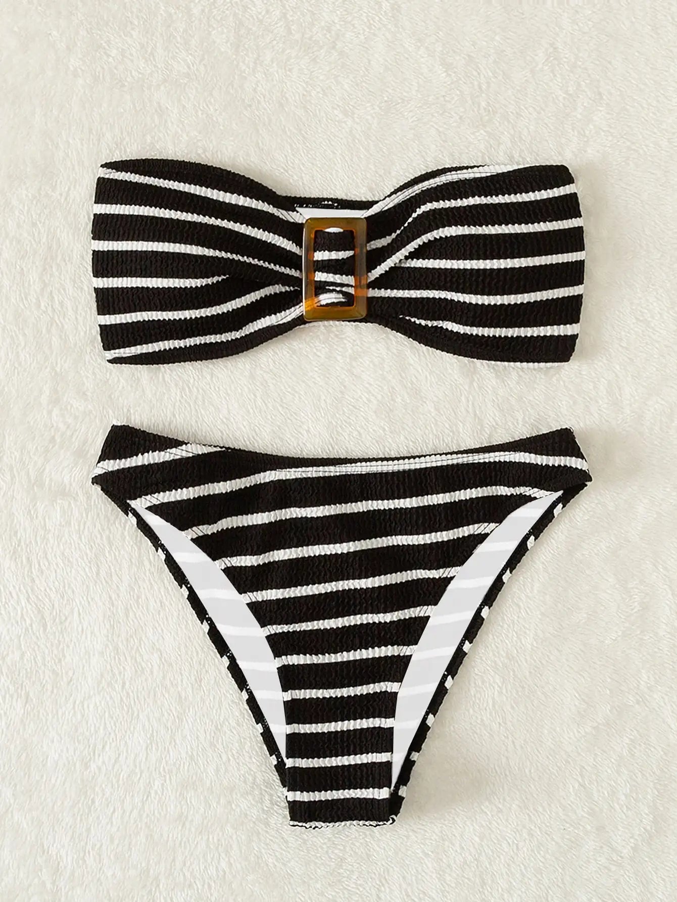 Striped Textured Bandeau Bikinis 2025 Women Sexy Swimsuit Push Up Swimwear Female Bathing Suit Swimming Summer Beachwear