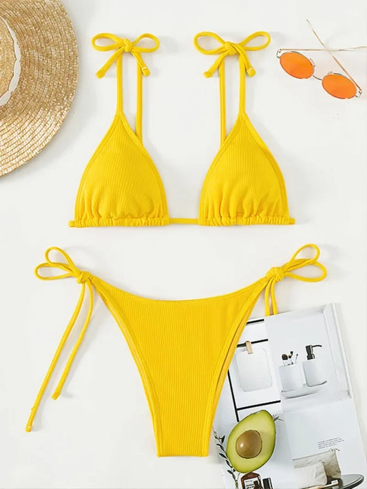 sexy yellow solid micro bikinis sets triangle cup thong swimsuit women bikinis swimsuits beachwear bathing suits swimwear bakini