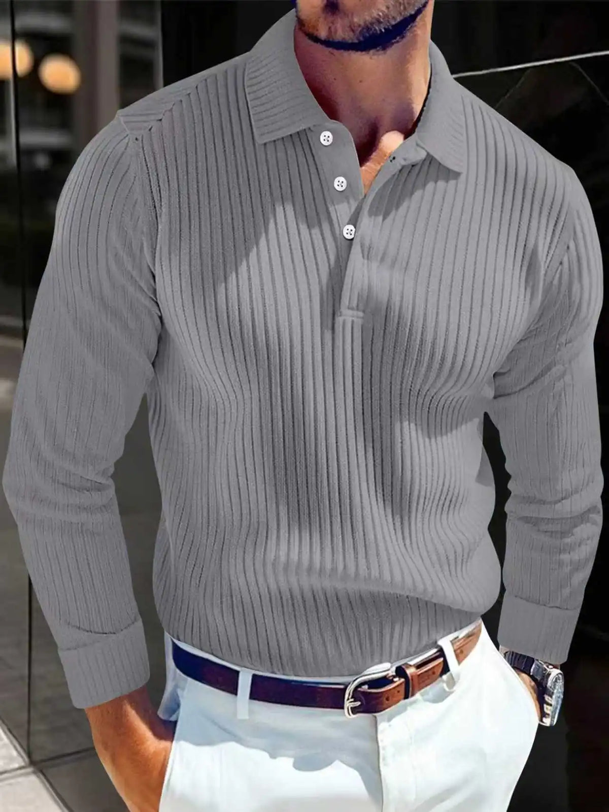 Men's Classic Long-Sleeved Polo Shirt Casual Lapel Button-Up T-shirt Soft Comfortable New Autumn Top with Elastic Pit Strip
