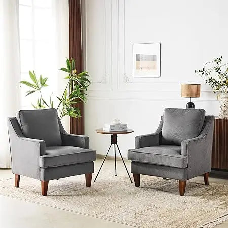 Mid-Century Accent Chairs Set of 2, Beige Upholstered Armchair Comfy Sofa Chairs Reading Chair High Back Living Room Bedroom Fu