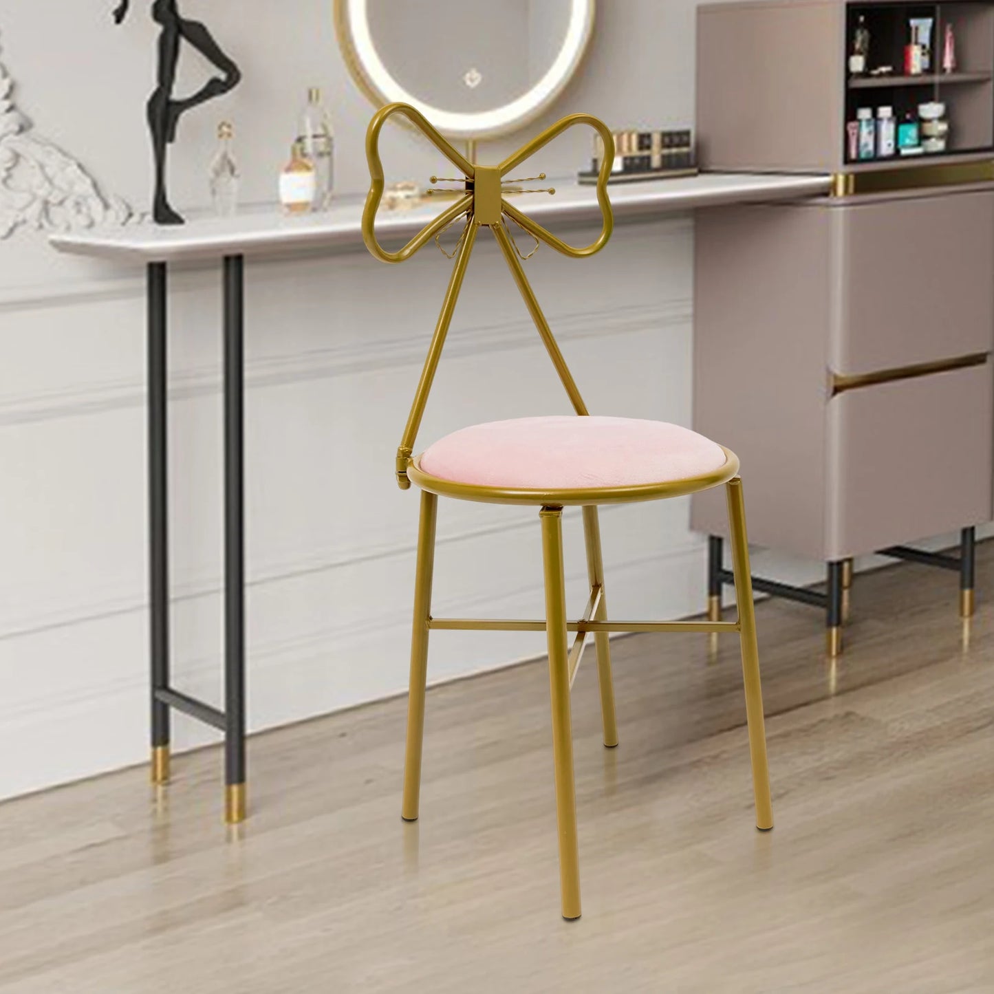 Bymaocar Butterfly-Shaped Vanity Chair,Light Pink Makeup Stool,Dining Chair with 220lbs Capacity, Elegant Bedroom Seat for Girls