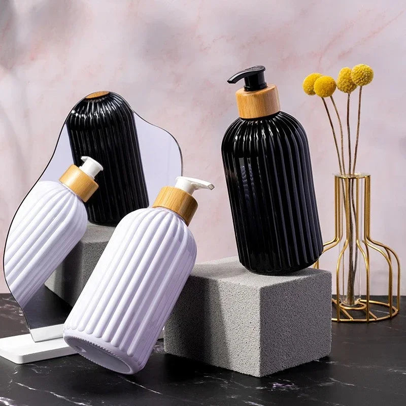 500ml Strip Soap Dispenser with Bamboo Pump Refillable Bottle Conditioner Lotion Shampoo Body Wash Empty Container for Bathroom
