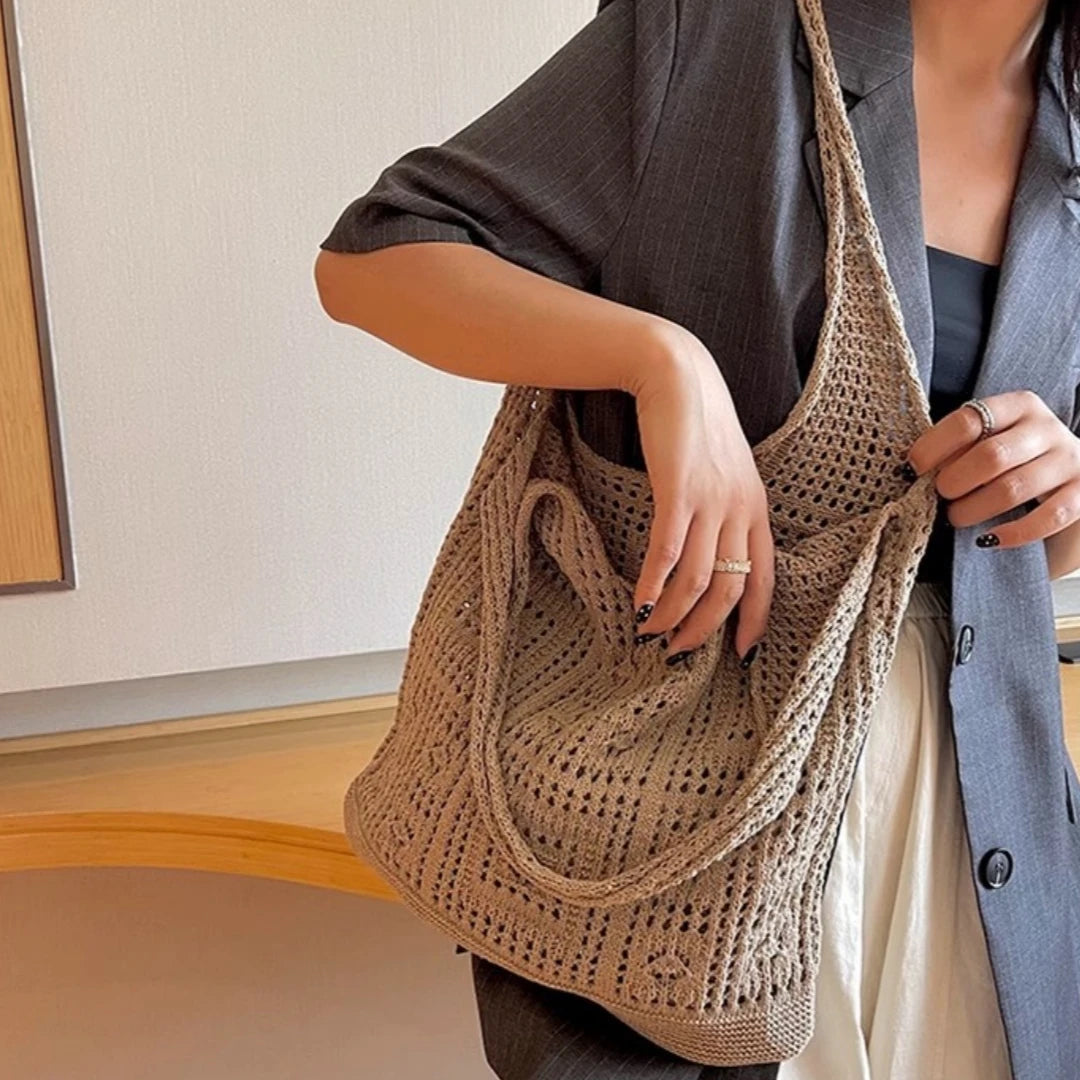 Women'S Shopping Bag Vintage Knitted Shoulder Bag Handmade Crochet Bag Slouchy Hollow Out Handbag For Shopping Women'S Casual
