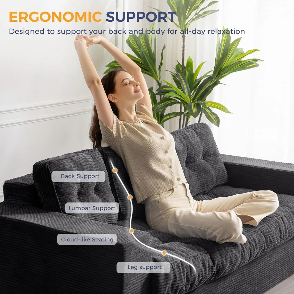 3 Seater Couch for Living Room, Boneless Couch with Tufted Cushion & Backrest, Upholstered Floor Sofa with Armrests, Sofa in A