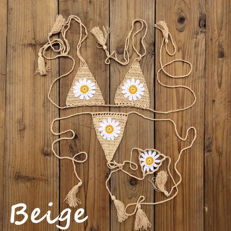 Hand crochet Cottom Thong String Daisy Applique Mini Bikini Swimwear Sunbathing Micro Swimwear
