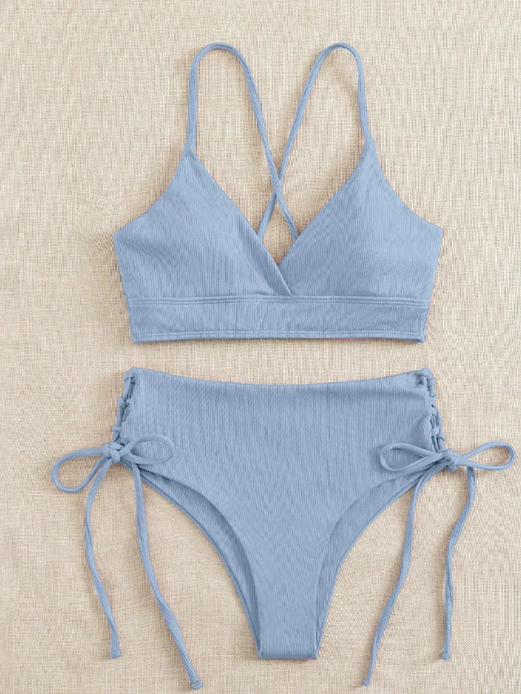 Sexy Solid V Neck Lace Up Bikinis 2 Piece Set Women Split Swimsuit High Waist Beach Bikinis 2025 New Summer Swimwear Bikinis Set