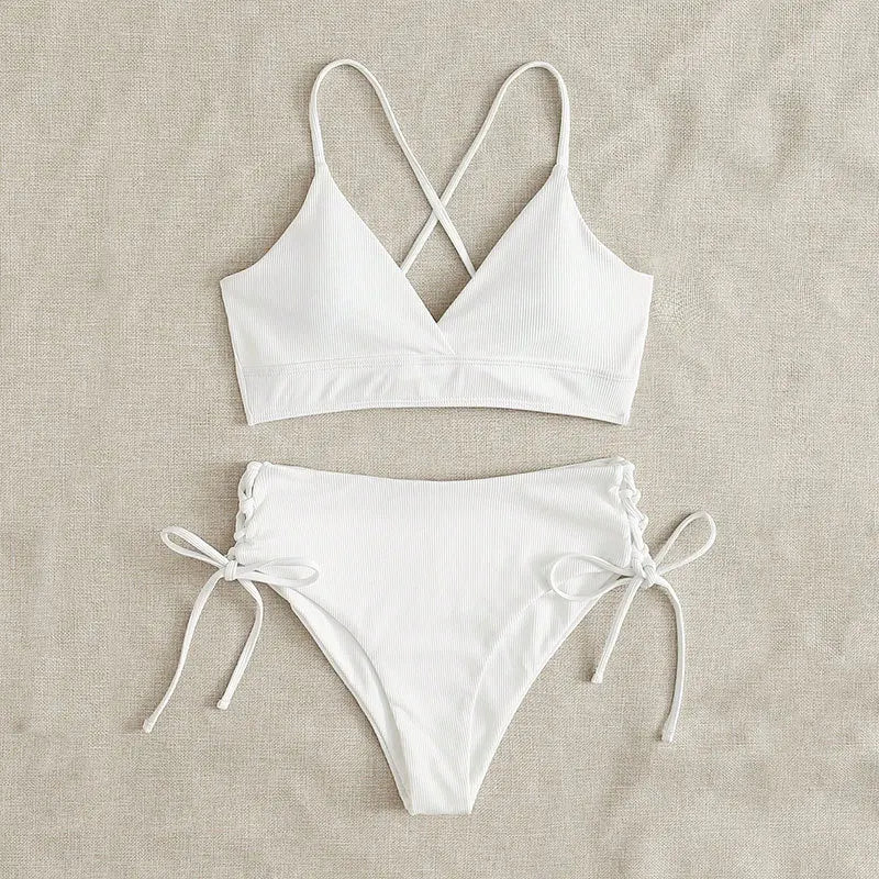 Sexy Solid V Neck Lace Up Bikinis 2 Piece Set Women Split Swimsuit High Waist Beach Bikinis 2025 New Summer Swimwear Bikinis Set
