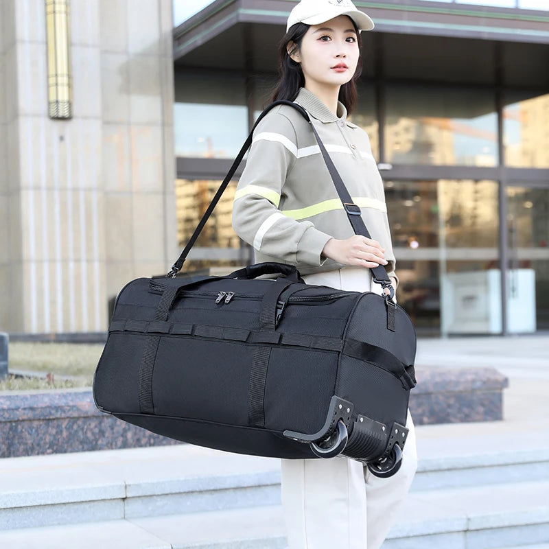 Heavy-Duty Wheeled Duffel Bag Foldable Water-Resistant Rolling Luggage with Adjustable Shoulder Strap & Pockets for Travel Gym