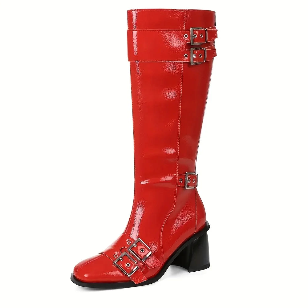 Women'S Motorcycle Knee High Boots Square Toe Chunky Heel Side Zipper Metal Buckle Strap Fashion Punk Dress Fall Winter Shoes